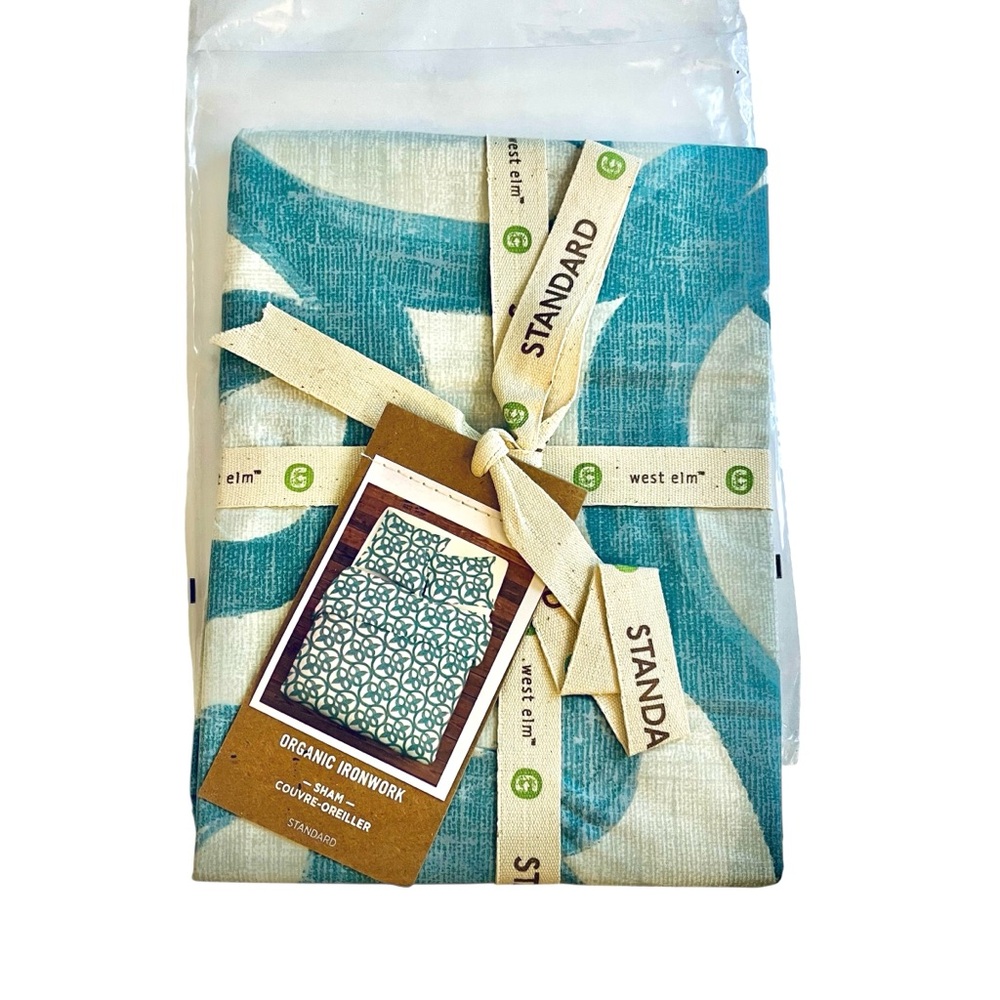 West Elm Organic Ironwork Standard Pillow Sham Organic Cotton Blue NWT